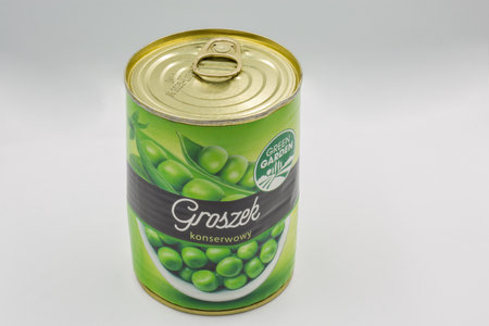 Kyiv, Ukraine - December 26, 2021: Studio shoot of Green Garden canned green peas closeup on white.のeditorial素材