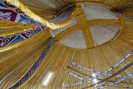 Kazakh yurt interior. Shanyrak, a round hole in the dome of the yurt is a symbol of the house.の写真素材