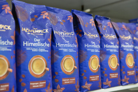 Kyiv, Ukraine - March 29, 2023: Movenpick of Switzerland Der Himmlische ground coffee company booth during WorldFood International Food and Drink Exhibition in MVC.のeditorial素材