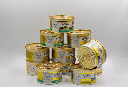 Kyiv, Ukraine - May 23, 2023: Purina Gourmet Gold luxury pet food cans on white background. Formed in 2001 Purina Petcare is a subsidiary of Nestle. It is the largest pet food company in the USA.のeditorial素材