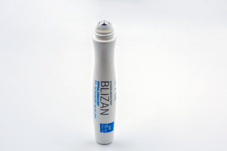 Kyiv, Ukraine - June 09, 2023: Blizan by Aristo closeup on white. It is a silicone gel in a bottle with a roll-on applicator uses for scars of different origins.のeditorial素材