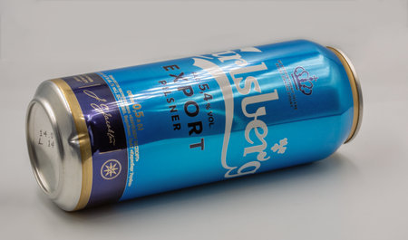 Kyiv, Ukraine - September 02, 2022: Studio shoot of Carlsberg Export Pilsner beer can closeup on...