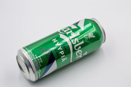 Kyiv, Ukraine - December 15, 2022: Studio shoot of Carlsberg Sami Hyypia pilsner beer can closeup on white. Carlsberg A/S is a Danish multinational brewer founded in 1847.のeditorial素材