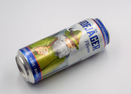 Kyiv, Ukraine - March 15, 2023: Studio shoot of Hofjager German pilsener beer can closeup on white.のeditorial素材