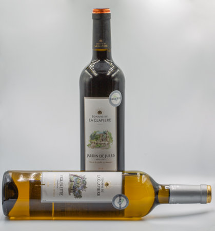 Kyiv, Ukraine - February 08, 2023: Studio shoot of Figuerette and Jardin de Jules Domaine de La Clapiere French white and red dry wine bottles closeup against white background.のeditorial素材