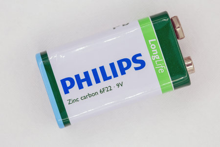Kyiv, Ukraine - July 10, 2022: Studio shoot of Philips LongLife 6F22 9V zinc carbon battery for...