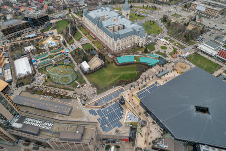 Drone aerial view over Iasi urban cityscape with Christmas market and Culture Palace, Romania.の写真素材