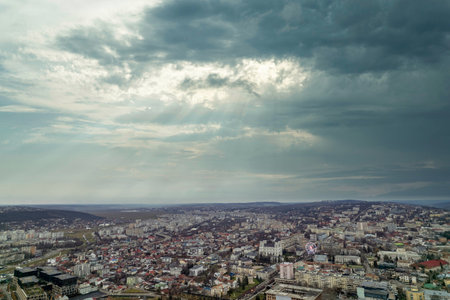 Aerial drone view over Iasi urban cityscape with cloudy sky, Romania.の写真素材