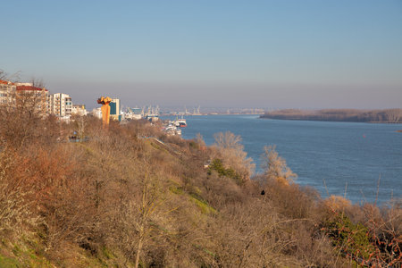 View over port on Danube river in Galati, Romania.の写真素材
