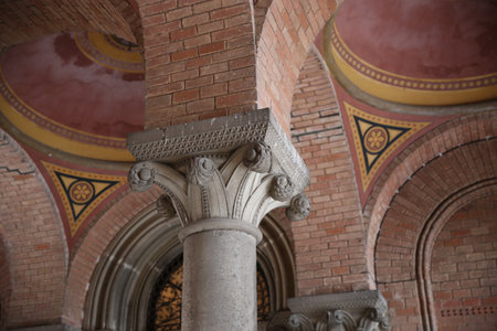 Outdoor hall with columns and arch interior of Chernivtsi National University in Ukraine.