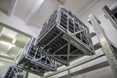 Professional equipment for turning over bottles of sparkling wine during maturation at the winery. Automatically powered riddling remuage cages with bottles.の写真素材