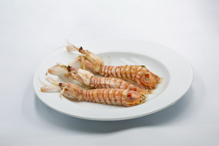 Cooked mantis shrimps or Squilla mantis on white plate closeup.