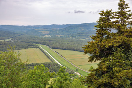 Scenic aerial view of green agricultural and forested fields, river Mirna and road D44 in Istrian valley as seen from medieval hilltop town of Motovun, Croatia on overcast day.の写真素材