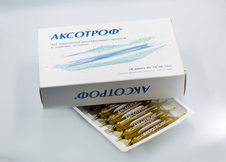 Kyiv, Ukraine - March 2, 2026: Box of Aksotrof ampoules with drinking solution, a specialized...