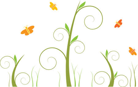 green trees with swirls and butterfliesのイラスト素材