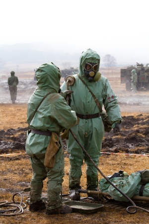 BOLSOI KAMEN, RUSSIA, - APRIL 3, 2013: Military exercises on emergency response in case of accidents at radiation-hazardous objects, Bolsoi Kamen, Russia, April 3, 2013. The contaminated area.のeditorial素材