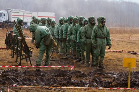 BOLSOI KAMEN, RUSSIA, - APRIL 3, 2013: Military exercises on emergency response in case of accidents at radiation-hazardous objects, Bolsoi Kamen, Russia, April 3, 2013. The contaminated area.のeditorial素材