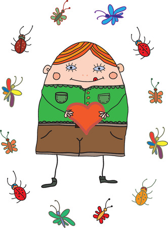 funny cartoon man with heart and insectsのイラスト素材