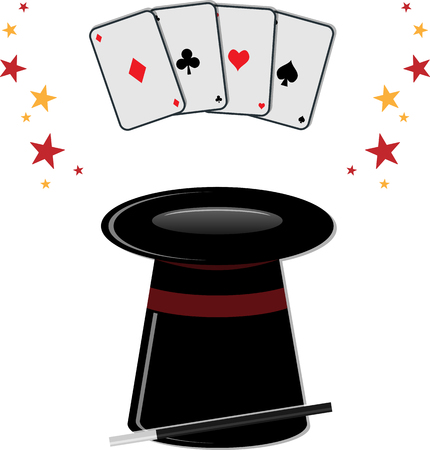 Black magic cylinder with magic wand and playing cards.のイラスト素材