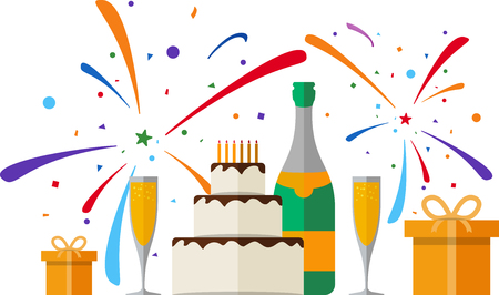 Happy Birthday card. Set of champagne, gift boxes, fireworks and cake.のイラスト素材