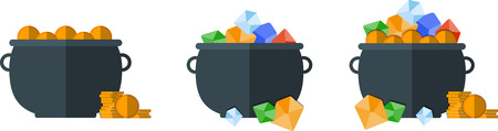 Set of iron pot with coins and gems.のイラスト素材