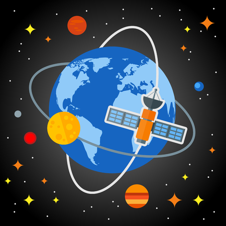 Flat space background with the earth and satellites. .のイラスト素材