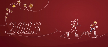 New Year s card, 2013, christmas, children running with a trail of stars, representing the renewal and hopeのイラスト素材