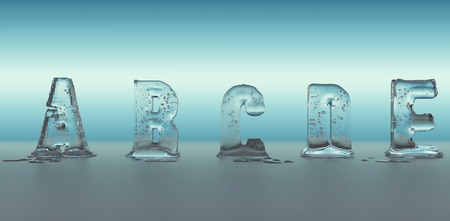 alphabet made of ice melting, transparent figures with blue backgroundの写真素材