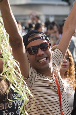SAO PAULO, BRAZIL - June 7, 2015: An unidentified man, celebrating lesbian, gay, bisexual, and transgender culture in the 19th Gay Pride Parade Sao Pauloのeditorial素材