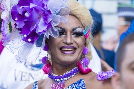 SAO PAULO, BRAZIL - June 7, 2015: An unidentified Drag Queen dressed in a costume celebrating lesbian, gay, bisexual, and transgender culture in the 19th Gay Pride Parade Sao Pauloのeditorial素材