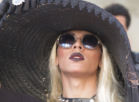 SAO PAULO, BRAZIL - June 7, 2015: An unidentified Drag Queen dressed in a costume celebrating lesbian, gay, bisexual, and transgender culture in the 19th Gay Pride Parade Sao Pauloのeditorial素材
