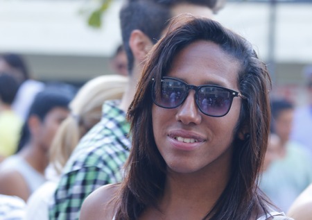 SAO PAULO, BRAZIL - June 7, 2015: An unidentified Drag Queen dressed in a costume celebrating lesbian, gay, bisexual, and transgender culture in the 19th Gay Pride Parade Sao Pauloのeditorial素材