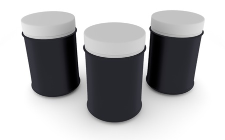 three black Realistic packaging rounded for sports nutrition and supplementary feedingの写真素材