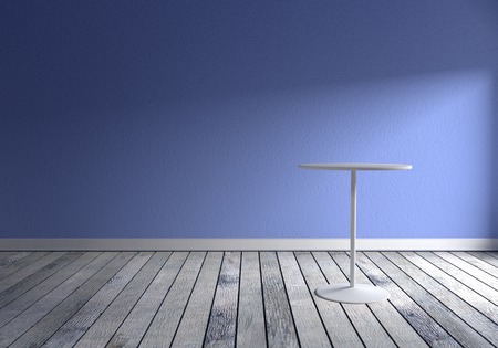 Front view of the empty blue baby gray room with wood floor and a white table