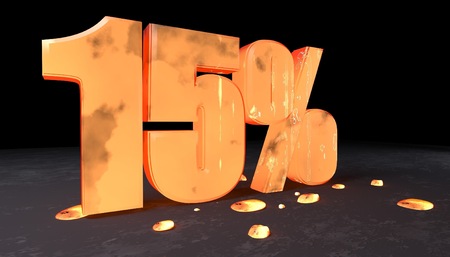 3d illustration of fifteen percent discount sign made with incandescent metalの写真素材