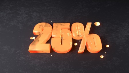 3d illustration of twenty five percent discount sign made with incandescent metalの写真素材