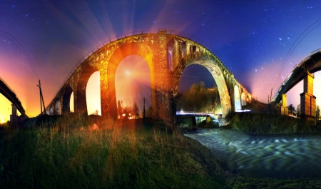 Ancient Austrian bridge erected captured by the Italians in 1895 and a modern stand together on the river Prut, combined circular 360 degree panorama of the night under the sky Carpathian fabulousの写真素材