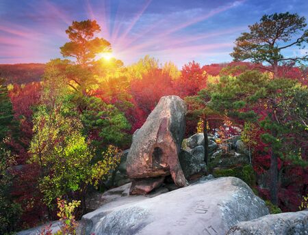 Dovbush Rocks in Bubnyshche - a legendary place, the ancient cave monastery in fantastic boulders amidst beautiful scenic forests, popular with tourists and travelers in Eastern Europe and Ukraineの写真素材