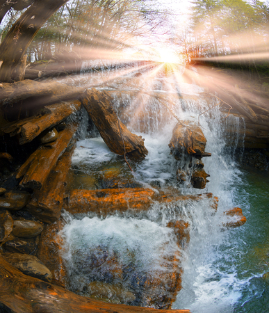 traditional structure for floating timber Austro-Hungary Poland. Wooden dam accumulates the water and opens the gateway for carries rafts to the big river. It uses up to trucks and tractorsの写真素材
