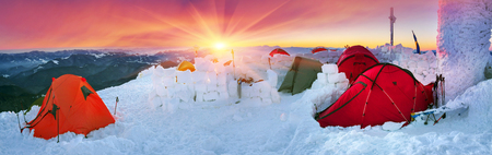 Climbers tradition to celebrate the New Year holiday on the highest peak of Ukraine - Goverla, Montenegrin Mountains. Severe frost danger destruction wind- climbing camp January 1, 2016のeditorial素材