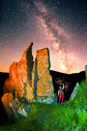 rock Montenegro beautiful figures famous landmark in the tract Gudgeon, Ukraine illuminated artistically beautiful lantern light under a starry nebom which climb athletes  tourists, cyclistsの写真素材