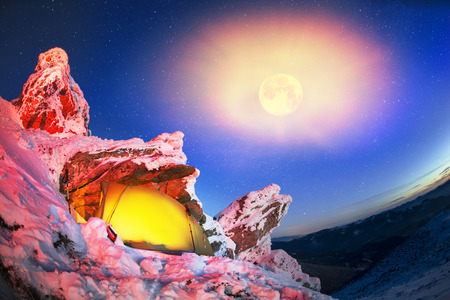 Rocks on the top of a mountain in the Ukrainian Carpathians Smotrych very pretty fabulous, climbers spend the night in a tent assault on the route on the way to Black Mountain - Pop Ivanの写真素材