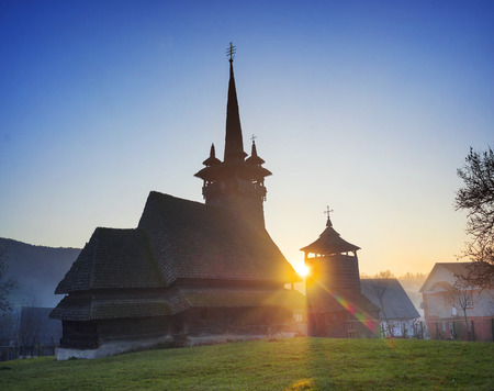 Unique 17th century wooden churches in Transcarpathia, Ukraine-churches with tall towers and slender spiers, in county Marmarosh- wooden gothic, oak, in history-Orthodox and Catholicの写真素材
