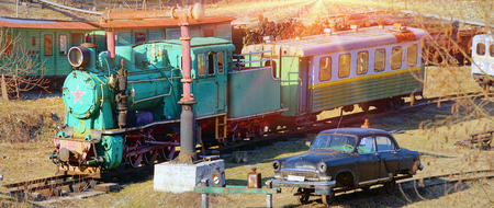 Network of narrow-gauge railway was built in the Carpathian region in the late XIX century. In Kolochava on the tracks should train consisting of a locomotive and ten passenger and freight cars. Many tools and devices used by the railroad.の写真素材