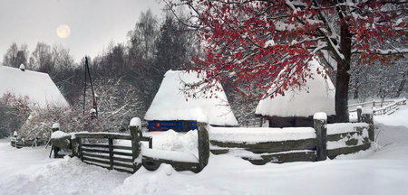 After sunset, the traditional Ukrainian village began snowfall and blizzards, snowdrifts pout and covered the roads and footpaths. Thick forest and gardens beautiful pattern on the background of skyの写真素材