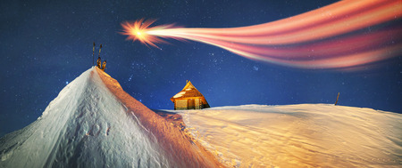 Beautiful wild Carpathian ridge - Montenegro, on the background of a powerful lantern-lit building -...