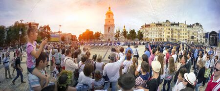 Kyiv; Ukraine-August 24; 2014: After the military parade on Khreschatyk in honor of Independence Day people in national embroidered shirts gathered at St. Sophia's Square; on the feast of wedding ceremoniesのeditorial素材