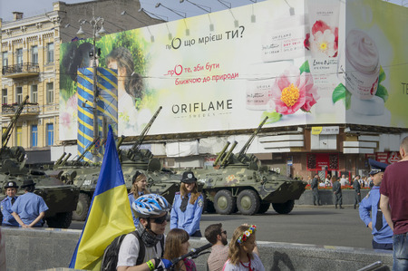 Kyiv, Ukraine-August 24, 2014: On the main street of the capital held a parade of the Armed Forces and the National Guard during the aggression of the Russian Federation, the parade of military equipment, holiday orchestraのeditorial素材