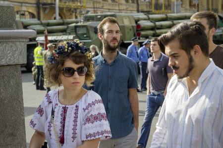 Kyiv, Ukraine-August 24, 2014: On the main street of the capital held a parade of the Armed Forces and the National Guard during the aggression of the Russian Federation, the parade of military equipment, holiday orchestraのeditorial素材