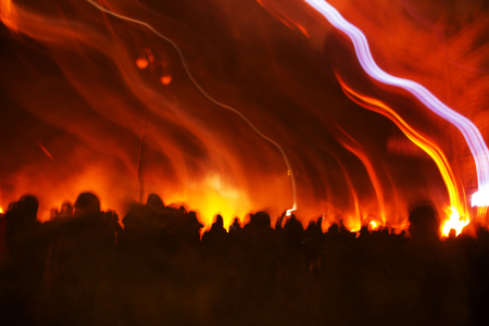 Kiev, Ukraine - January 22, 2014: Among the flame burning wheels rebel fighters try to contain the offensive by government forces on the street Hrushevskoho burn buses and trucks policeのeditorial素材